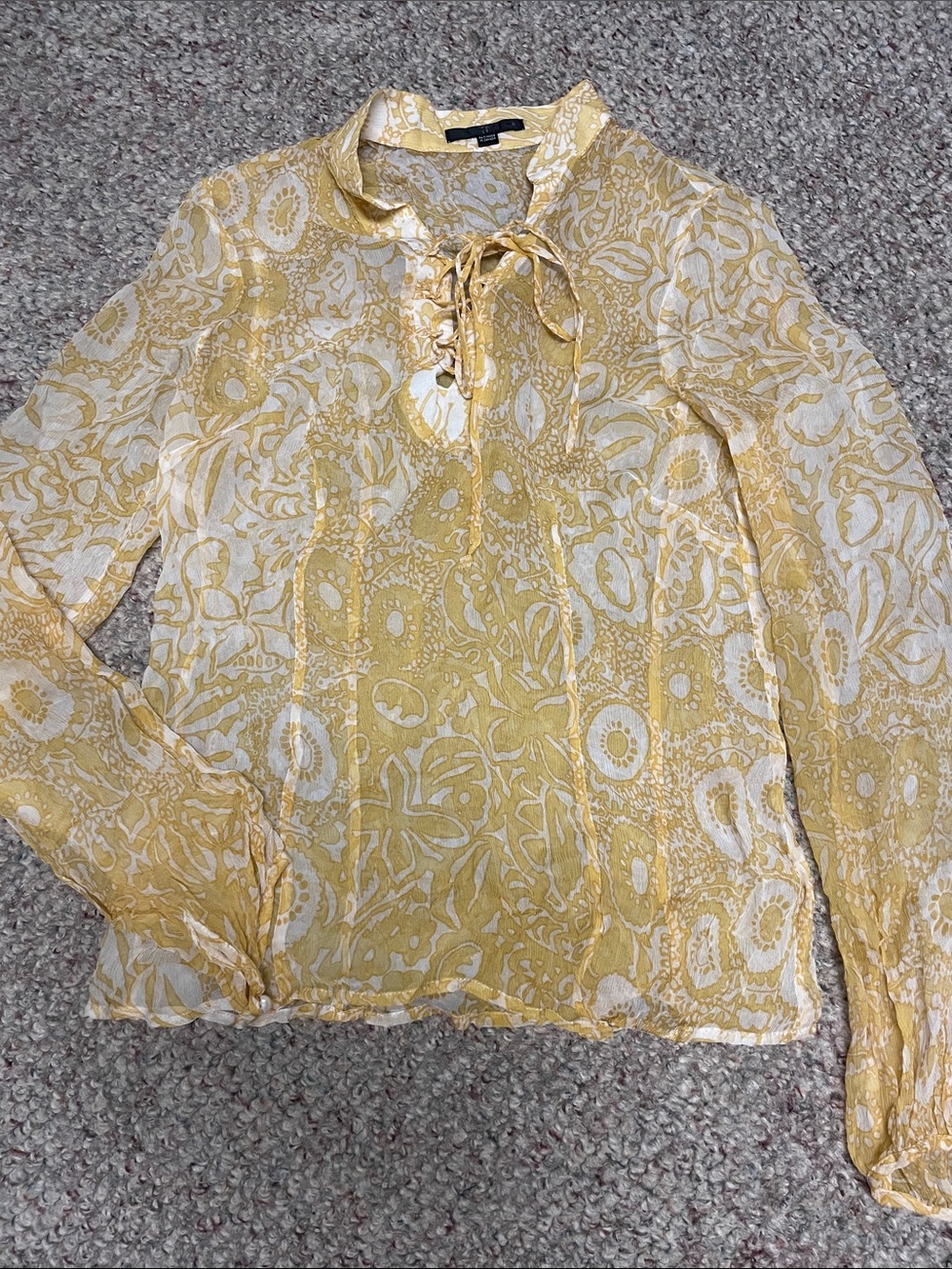 Teenflo 100% silk Yellow Floral Tie-Neck Blouse with pearl button cuffs